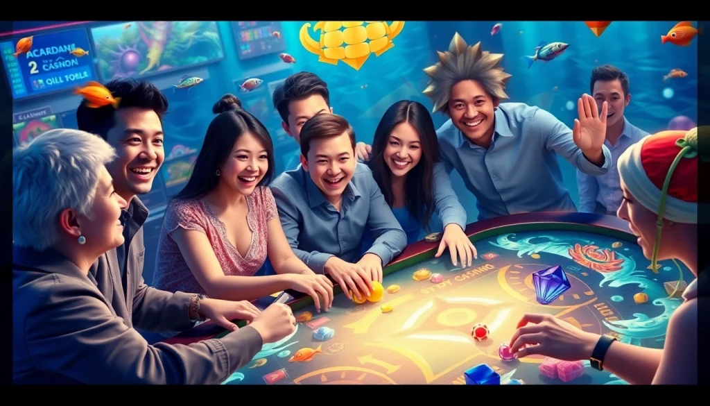 Gamblers enjoying an intense bắn cá game session at a lively casino table full of colorful marine life.