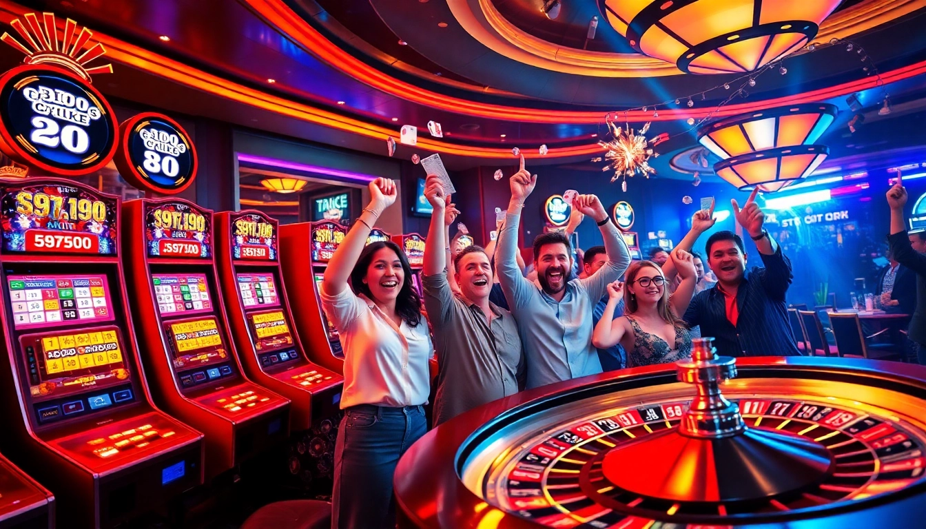 Explosion of a prize-winning lottery celebration with ecstatic gamblers in a luxurious casino.