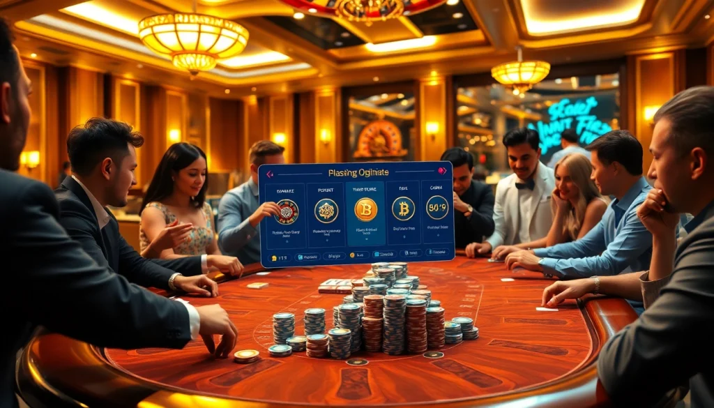 שחקנים המשתתפים במשחק פוקר מותח בקזינו יוקרתי, ומתמקדים בהתרגשות מהימורים גבוהים.