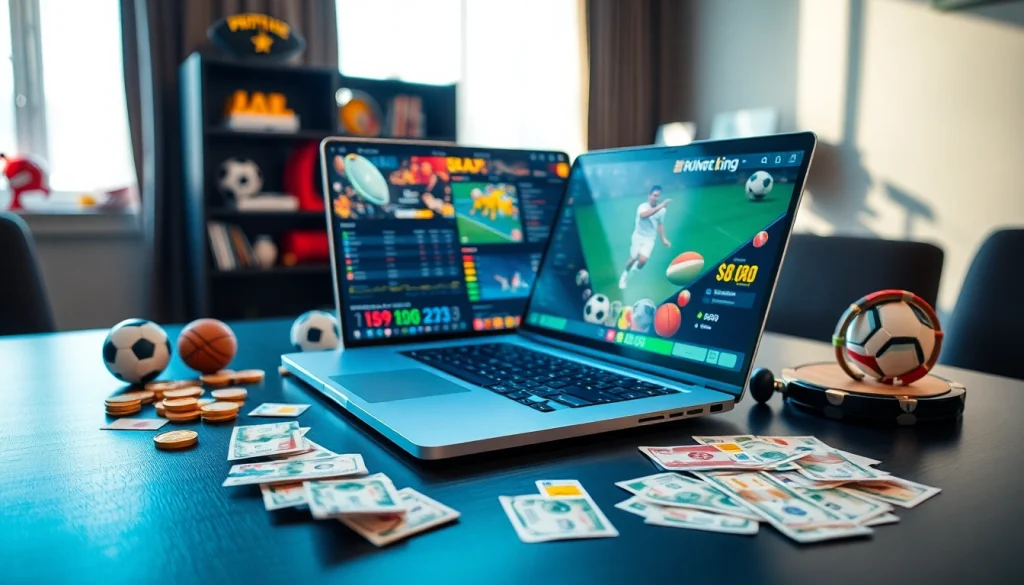 스포츠 기념품과 베팅용 전표가 있는 노트북 화면에 토토사이트가 표시된 매력적인 베팅 장면