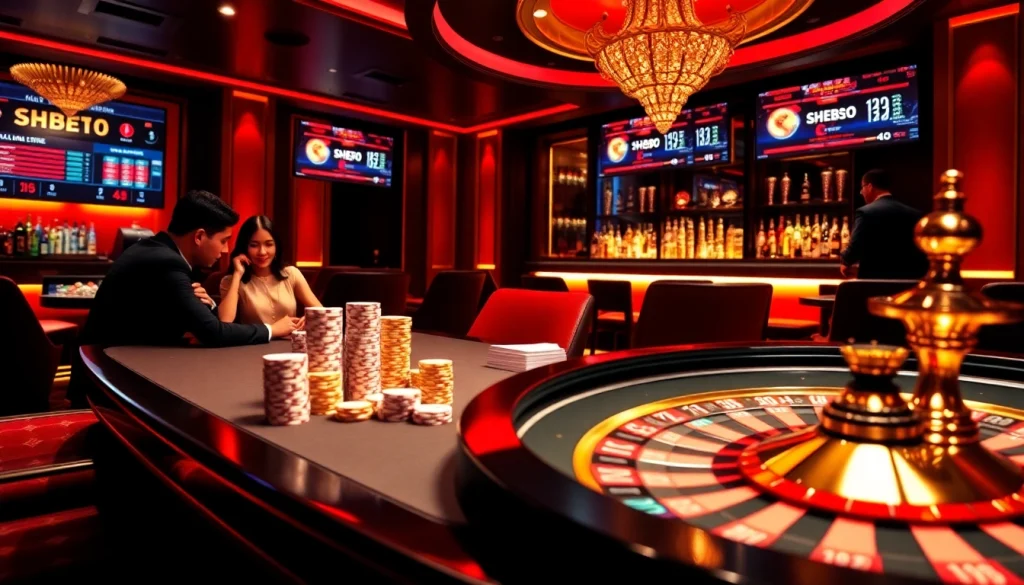 Players enjoying high-stakes poker at shbet0 casino with vibrant colors and luxury ambiance.
