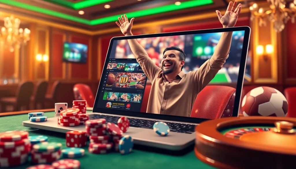 SLVIP players celebrating a win with vibrant poker chips and a roulette wheel in a luxurious casino.