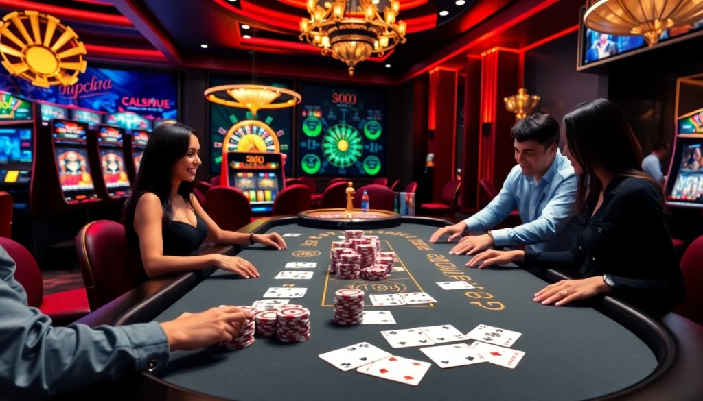 Experience the thrill of רמי אונליין at a luxurious virtual casino with poker chips and vibrant slot machines.
