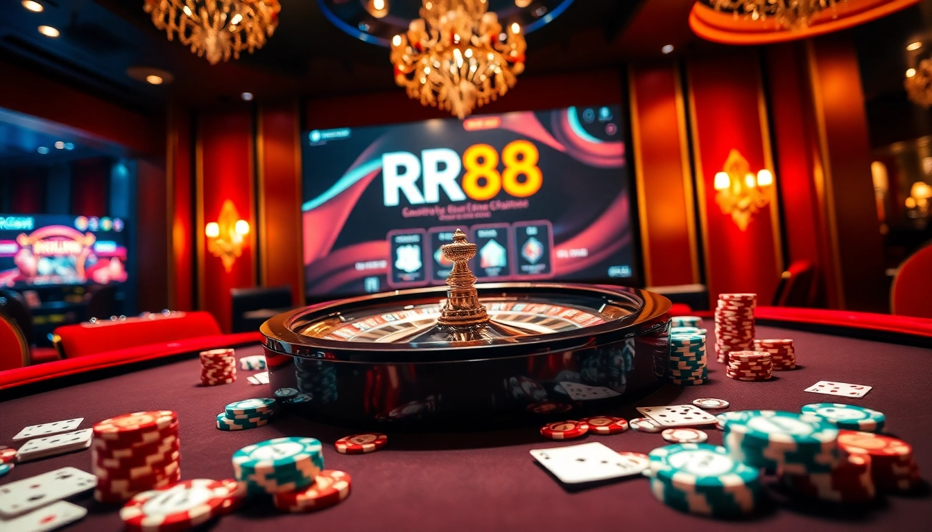 RR88 casino scene with vibrant roulette wheel, poker chips, and elegant gaming atmosphere.