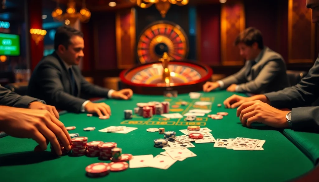 Join intense poker gameplay at a luxurious casino table featuring colorful chips.
