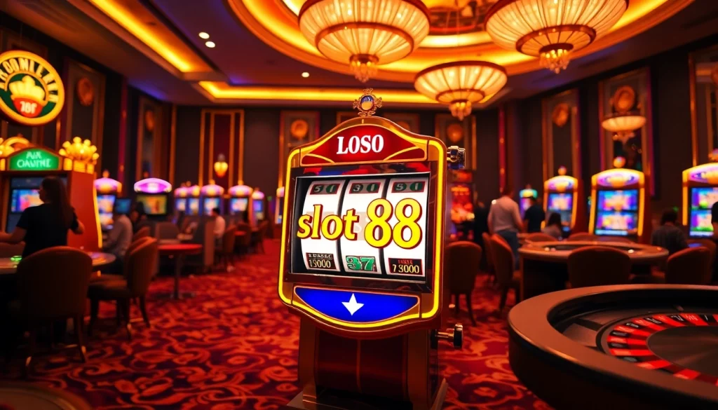 Engaging gamblers at the vibrant slot88 machine in a luxurious casino setting.