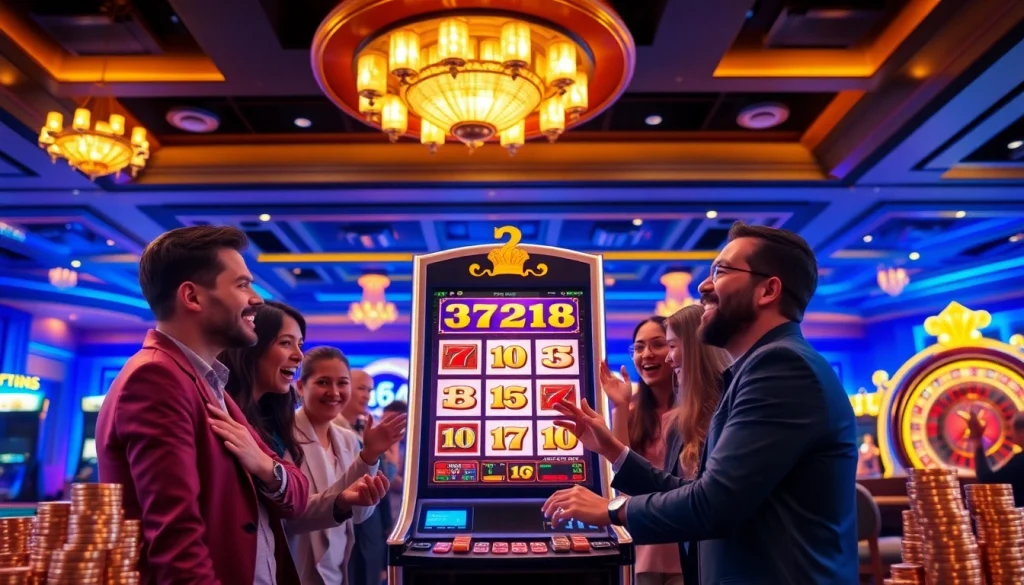 Play at the bro138 slot machine amidst a vibrant casino atmosphere filled with excitement.