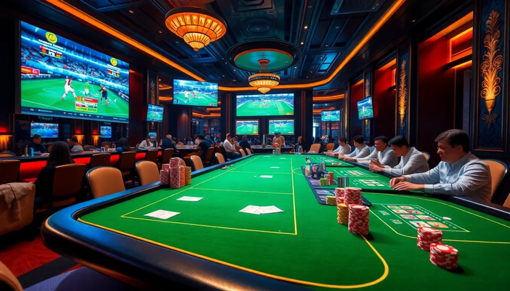 Engaging gambling scene showcasing kèo bóng đá betting with vibrant casino tables and excited players.