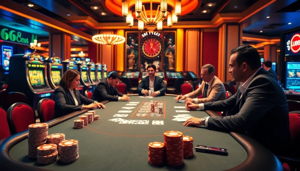 Players strategizing at a luxurious poker table in a casino setting featuring lu88 gaming elements.