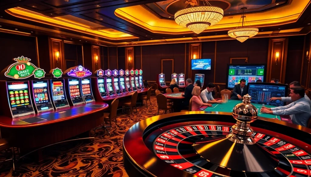 Engage with thrilling online gambling at SLVIP, featuring players at slots and poker tables.