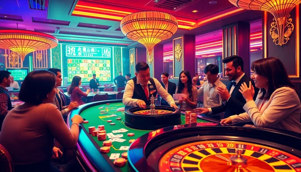 Players engaging in an exciting game bài at a luxurious casino table with vibrant lights.