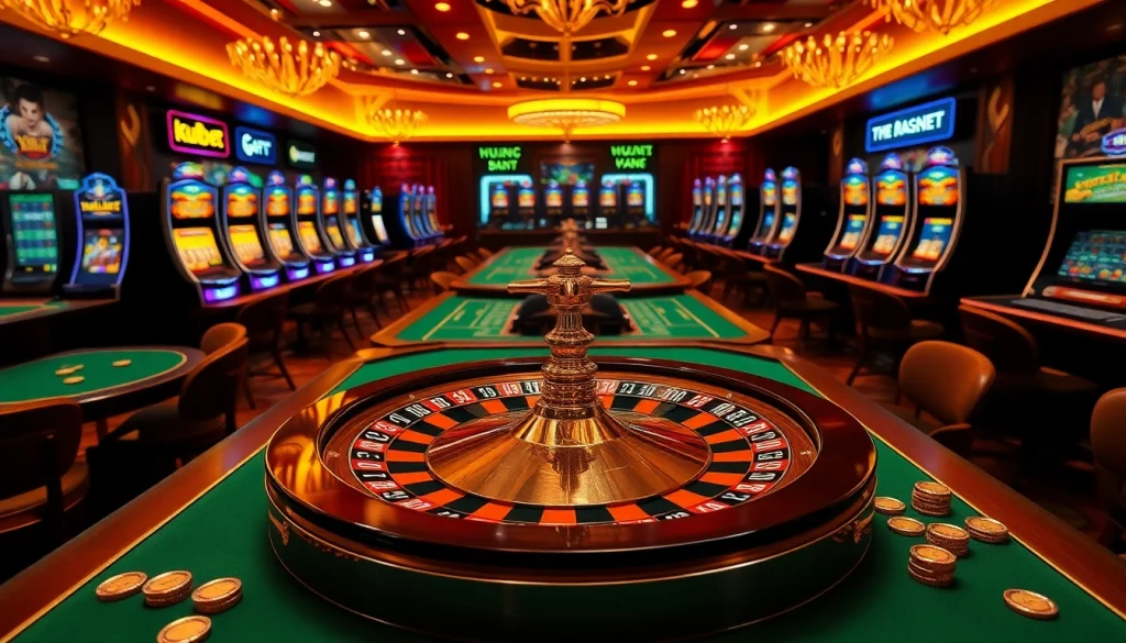Kubet Casino scene showcasing a vibrant roulette wheel, poker tables, and glowing slot machines for an immersive gambling experience.