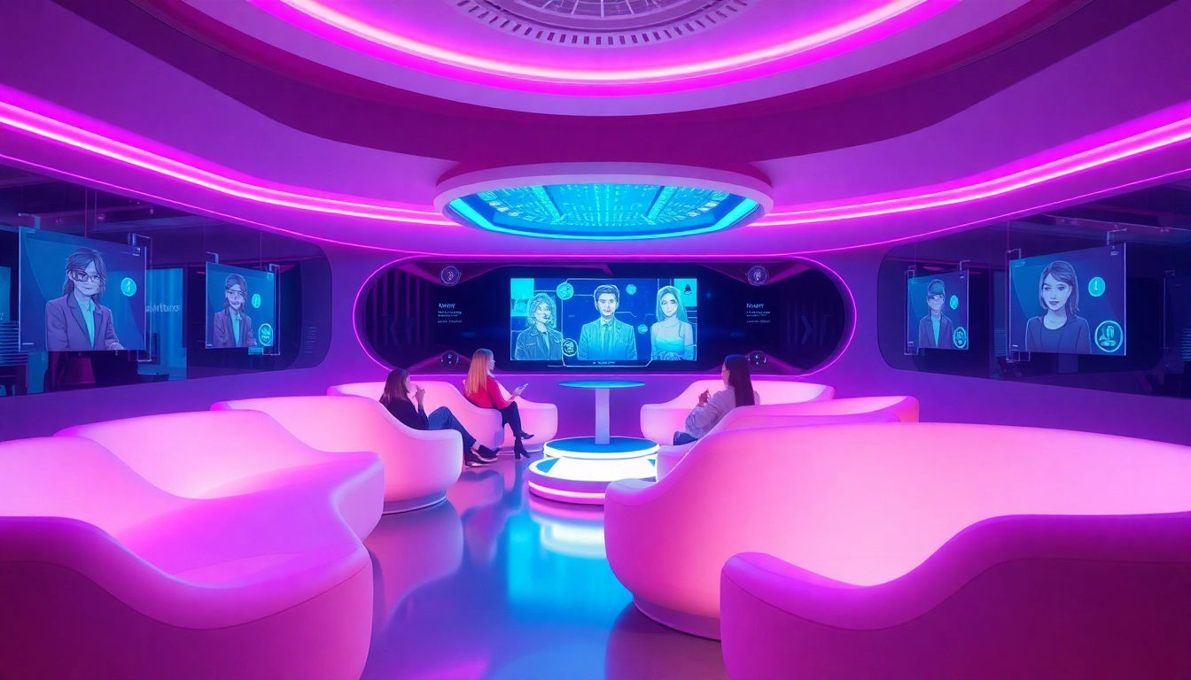 AI NSFW digital lounge with immersive avatar interactions in a sleek, futuristic design.