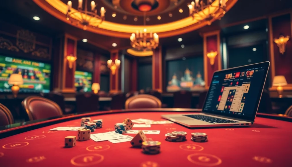 Engaging players in tài xỉu online at a luxurious casino table, filled with vibrant chips and dice.