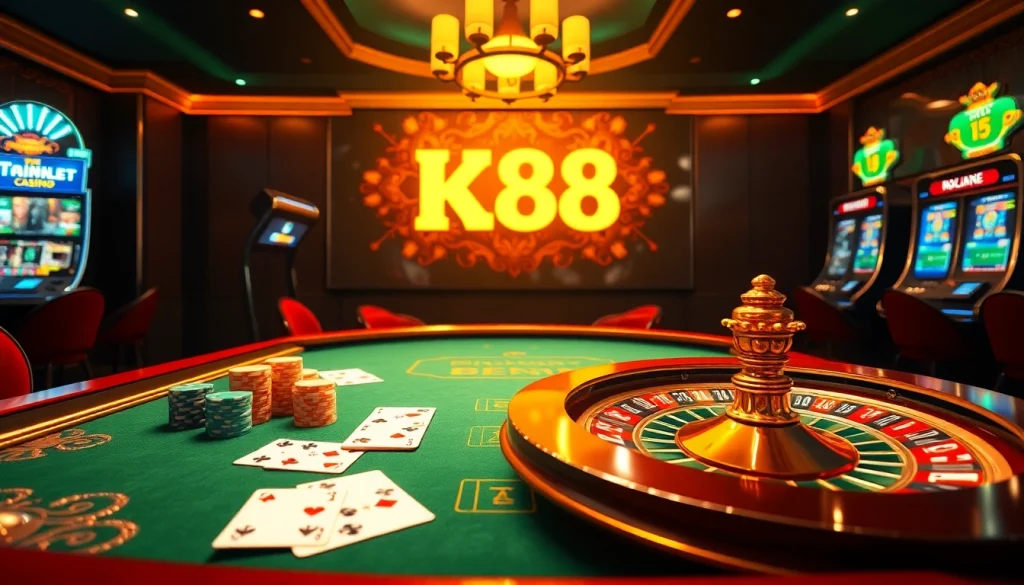 K88 shining casino interface with vibrant poker chips and roulette wheel representing online gambling excitement.
