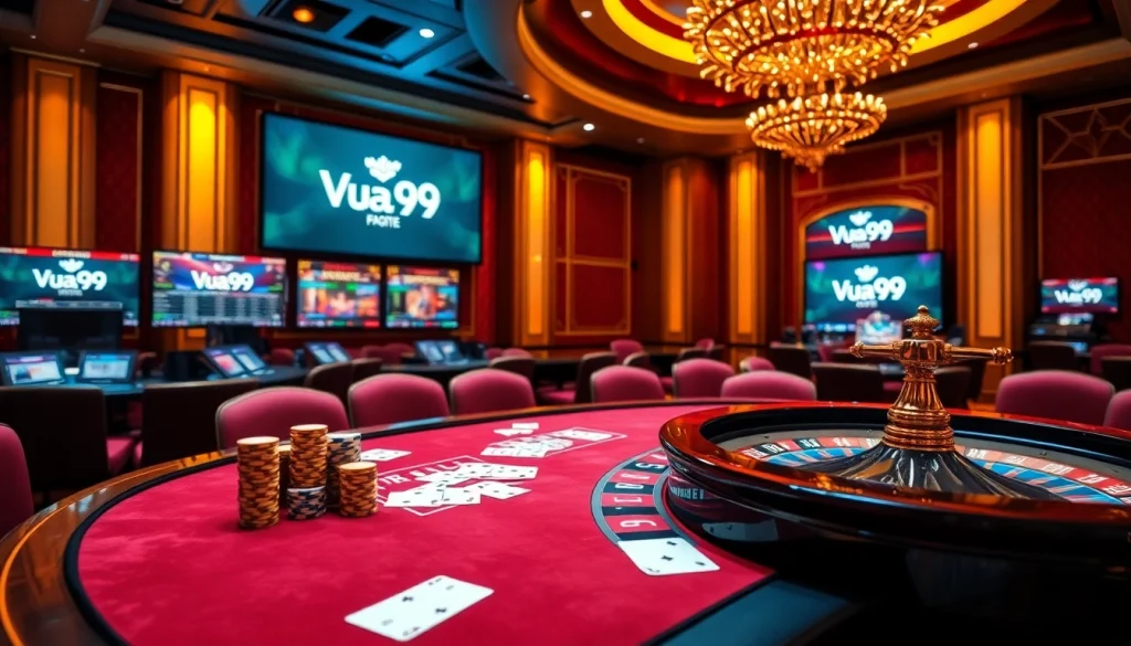 Vua99 engaging online gambling scene featuring poker chips, playing cards, and a roulette wheel.