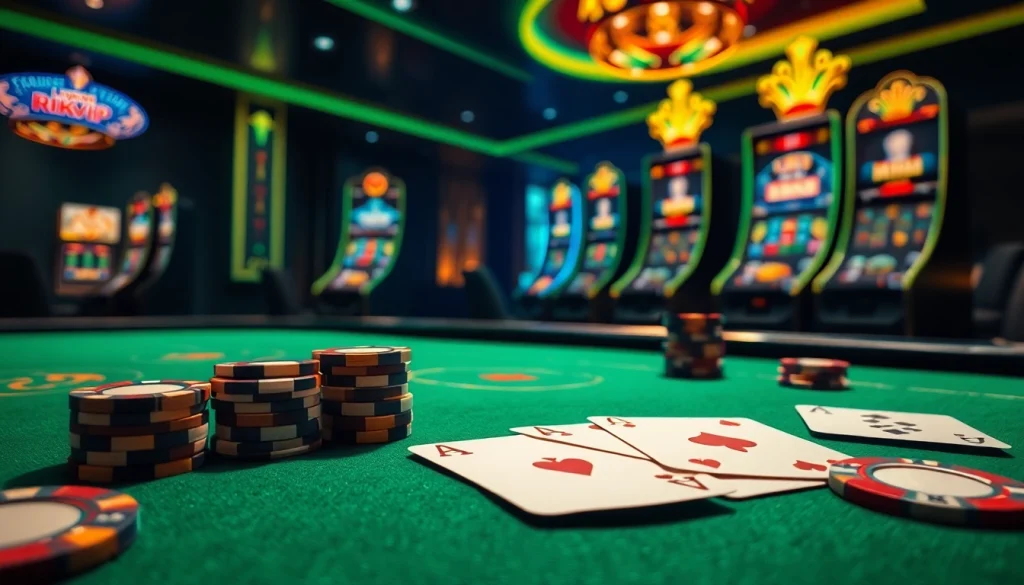rikvip online casino interface featuring luxurious gaming elements like cards and poker chips