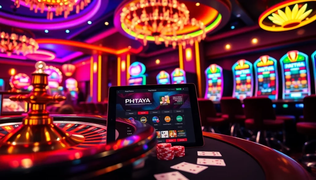 PHTAYA online casino scene with vibrant roulette wheel, poker chips, and winning players.