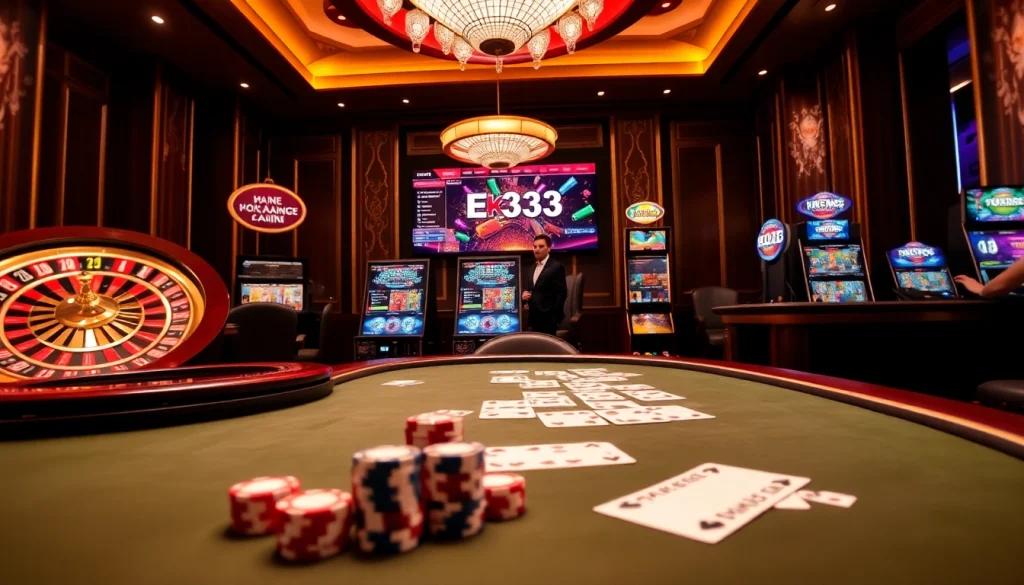 Engaging gambling scene featuring EK333 online casino gaming, luxurious tables, and vibrant slot machines.