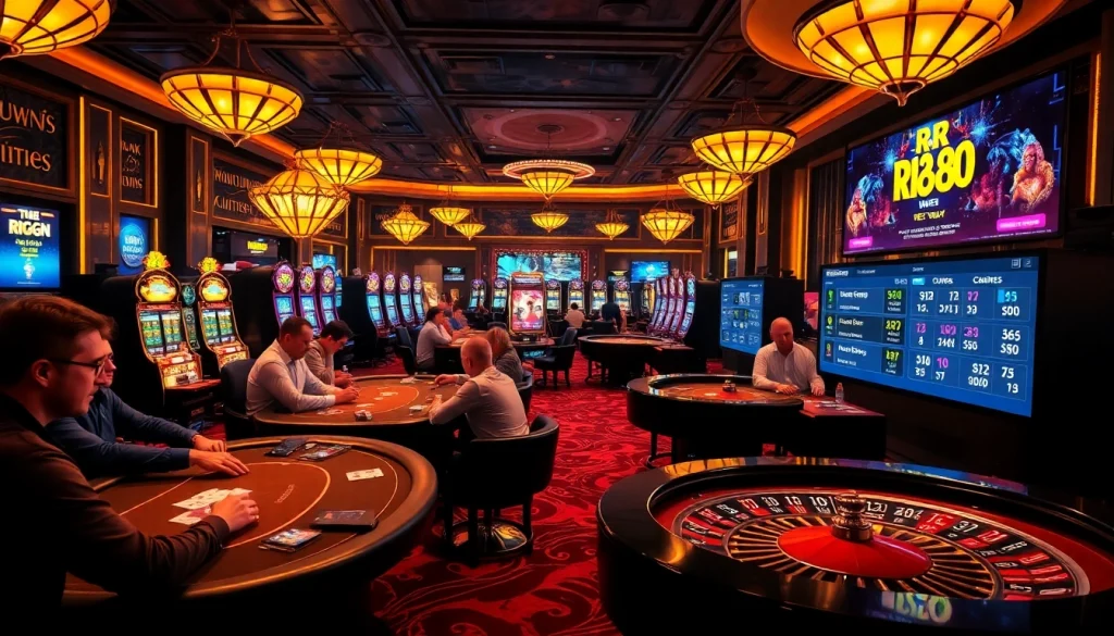Players engaged in intense poker games at RR 88's glamorous casino tables.