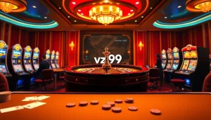 Enjoying thrilling gameplay at VZ99's luxurious online casino with poker chips and a roulette wheel.
