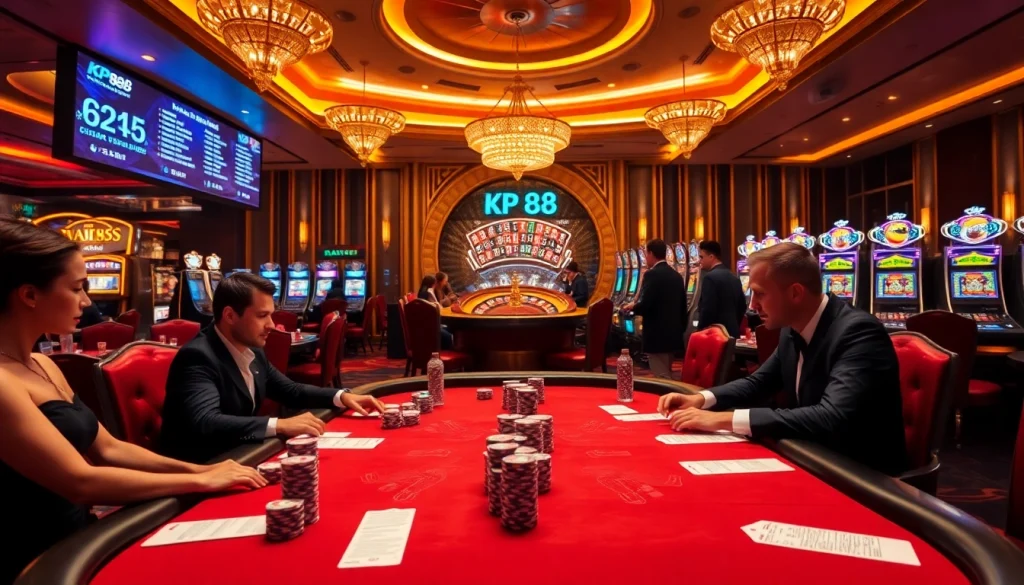 Exciting gambling scene at kp 88 featuring professional poker players and vibrant slot machines.