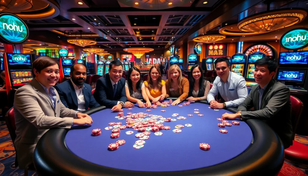 Nohu logo showcased on an exciting casino poker table with vibrant gameplay action.