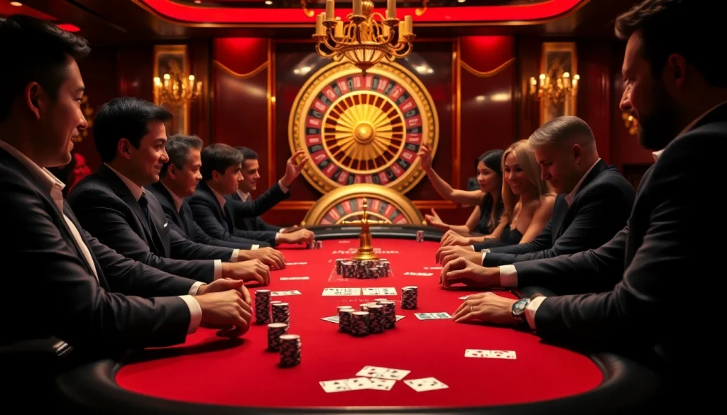 Players enjoying a poker game at the 789f casino, surrounded by vibrant chips and cards.