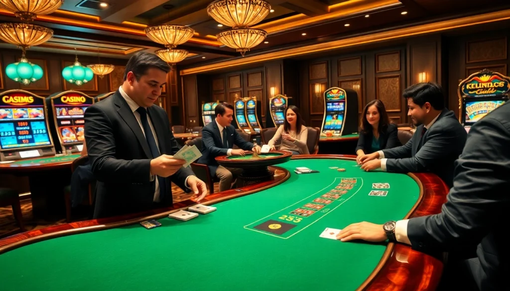 Join the excitement at keonhacai.claims with professional gamblers strategizing at a vibrant casino table.