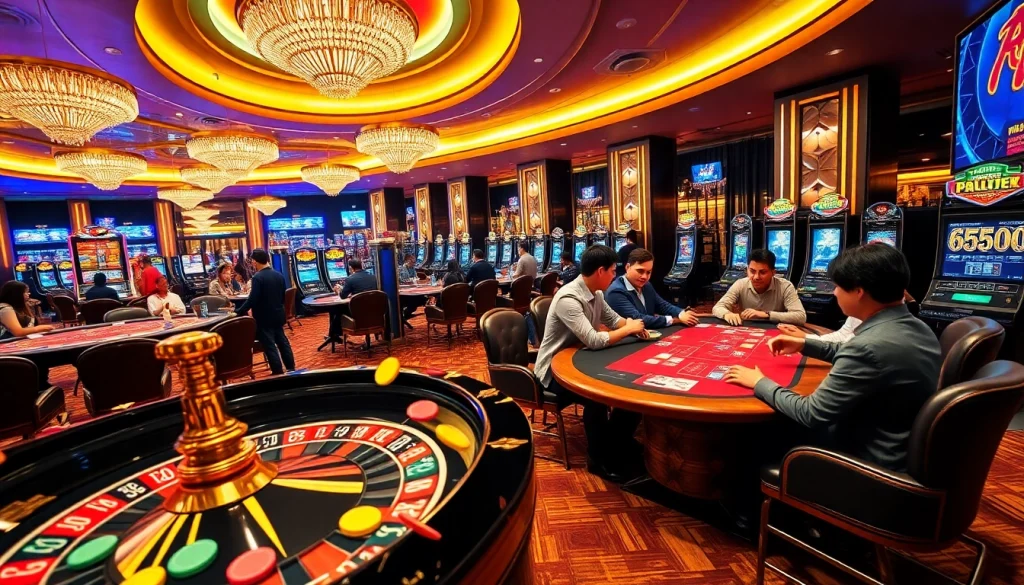 Players engaging in high-stakes games at RR88, featuring a vibrant casino floor with roulette wheels and poker tables.