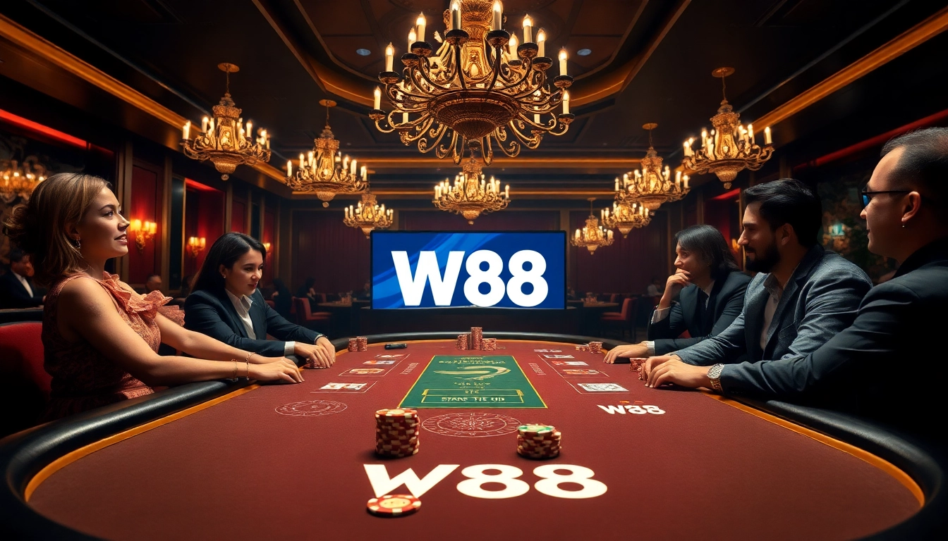 Excited players betting at a luxurious W88 poker table in a high-stakes casino atmosphere.
