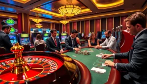 Exciting casino scene at https://www.jl55.club/ showcasing poker and roulette tables with players engaged in thrilling gameplay.