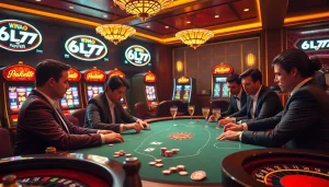 Players engaging at a high-stakes poker table with 6L777 branding, showcasing casino excitement.