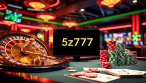 Exciting casino atmosphere featuring gambling elements like roulette, cards, and chips with '5z777' branding.