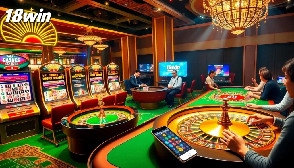Experience the excitement of gambling at 18win with vibrant casino visuals and engaging players.