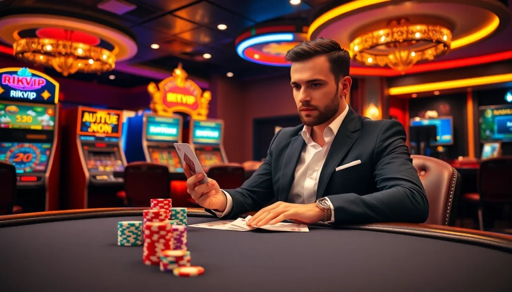 Experience the excitement of rikvip as a gambler plays at an elegant poker table.