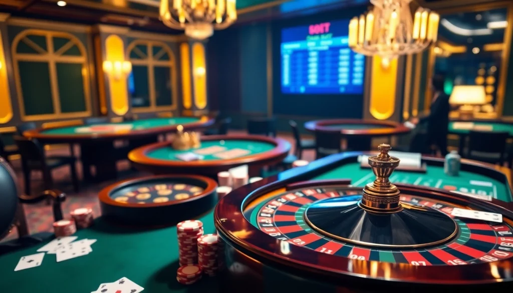 Experience the excitement of gambling at https://mk8.ac/ through a vibrant casino scene featuring poker chips and betting tables.