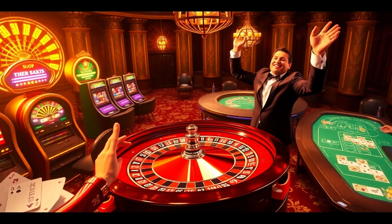 Casino scene with roulette, poker, and GO8 betting slips celebrating winning moments.