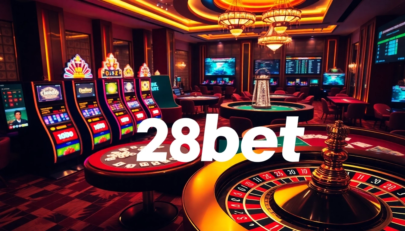Exciting gaming experience at 28bet with vibrant slot machines and poker tables.