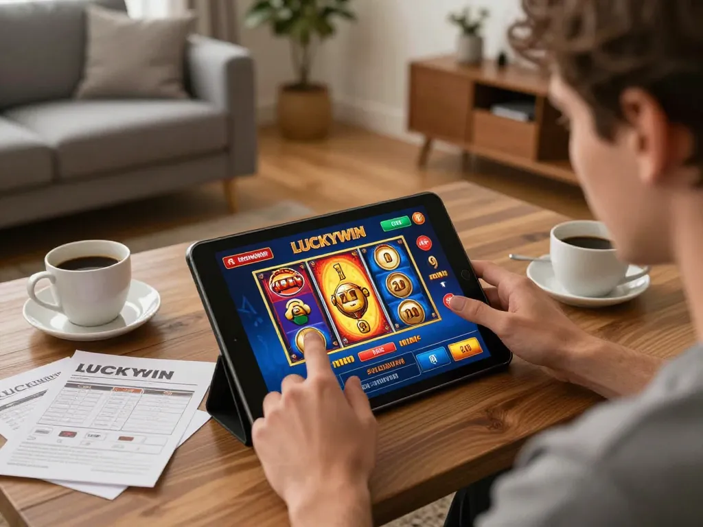 LUCKYWIN player engaged in online casino action with tablet displaying vibrant games at home