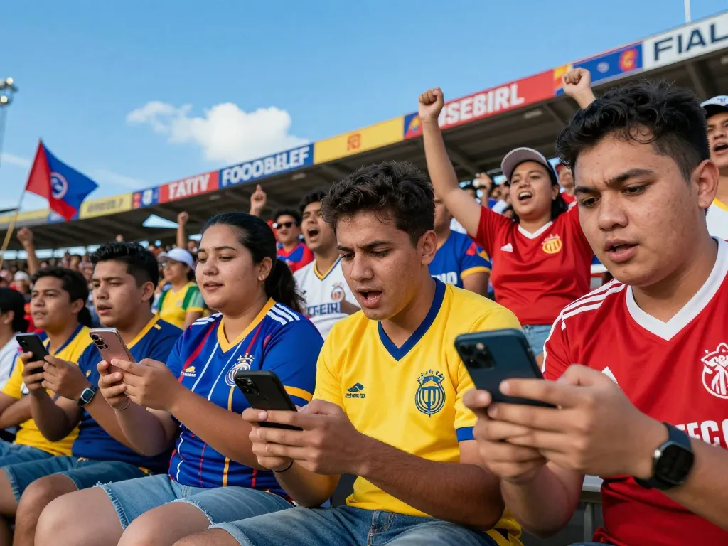 Football fans following nowgoal live scores on mobile devices in a stadium.