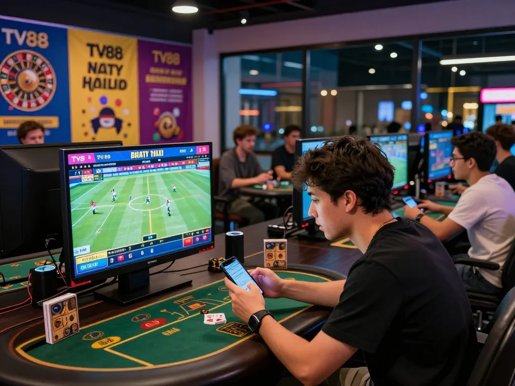 Engaging scene of online gambling with TV88 platform, showing diverse players enjoying sports betting.