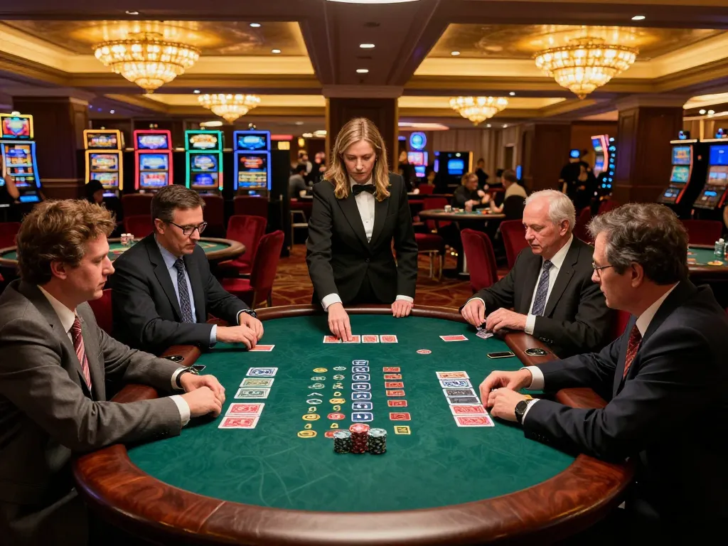Experience high-stakes gameplay at badak178 blackjack tables featuring focused players and a professional dealer in a luxurious casino.