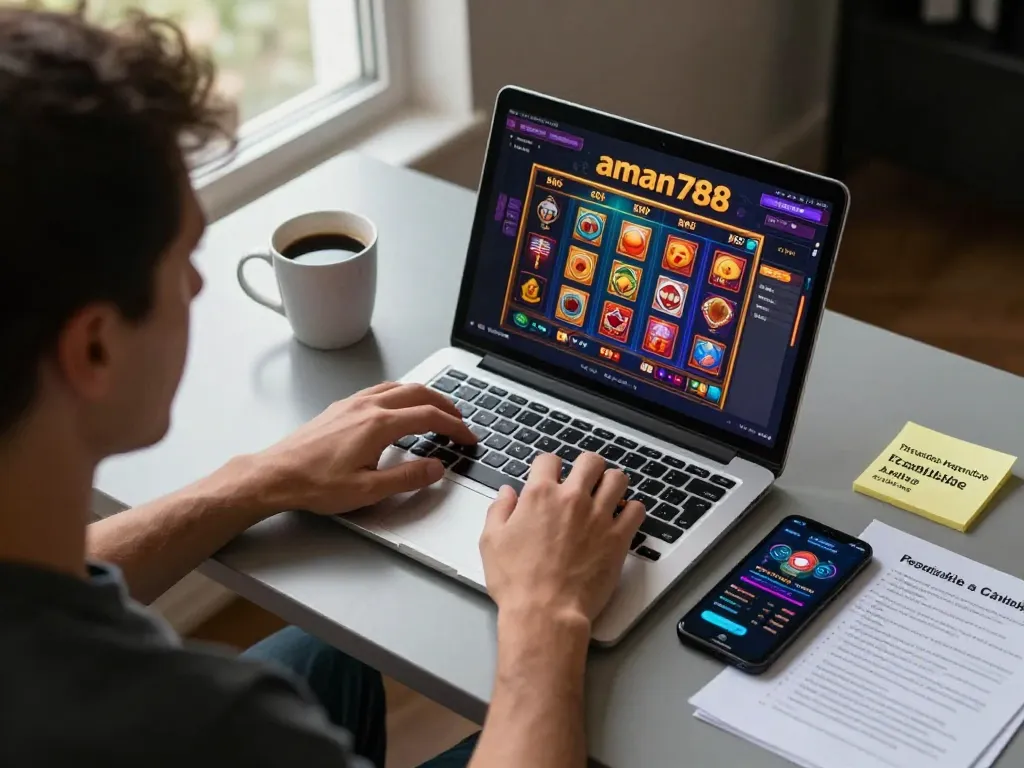 Engaging player exploring aman788 slot game on a laptop, highlighting immersive online gaming experience.