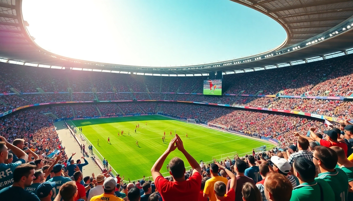 High-energy football fans enjoying a live match on https://socolive.com.co/ with vibrant jerseys and excitement.