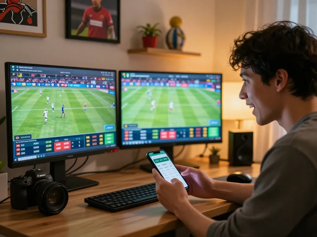 Soi Kèo betting enthusiast engaging with live football matches on multiple screens and mobile app