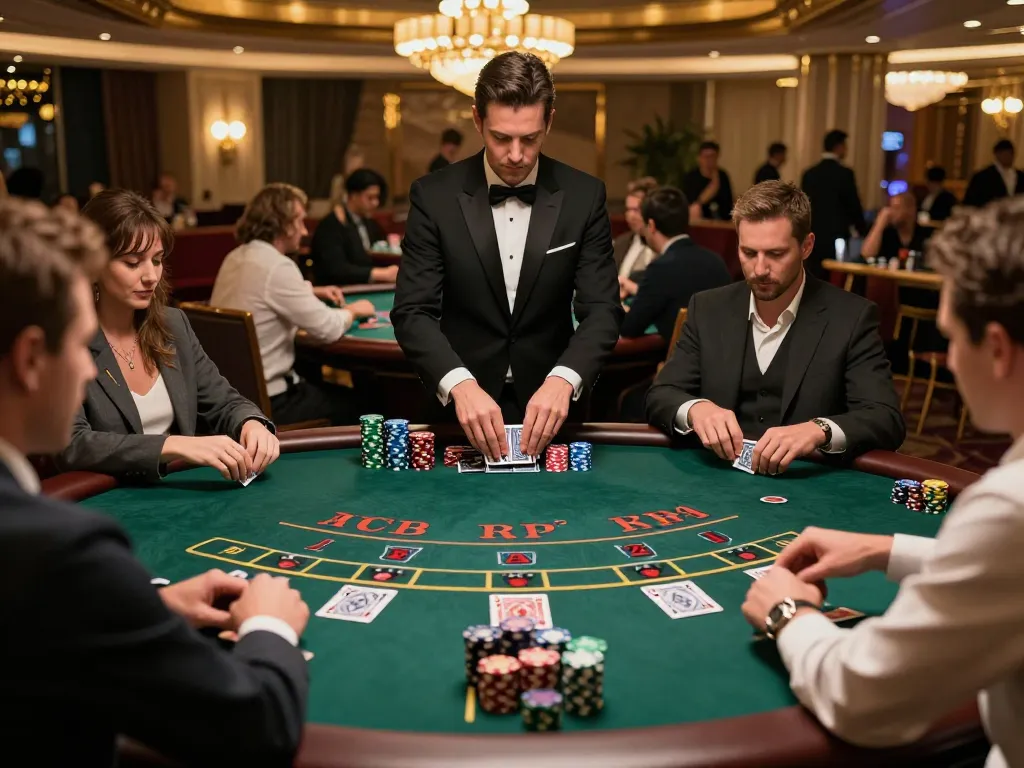 Xocdiavn players are intensely strategizing at a glamorous blackjack table in a vibrant casino.