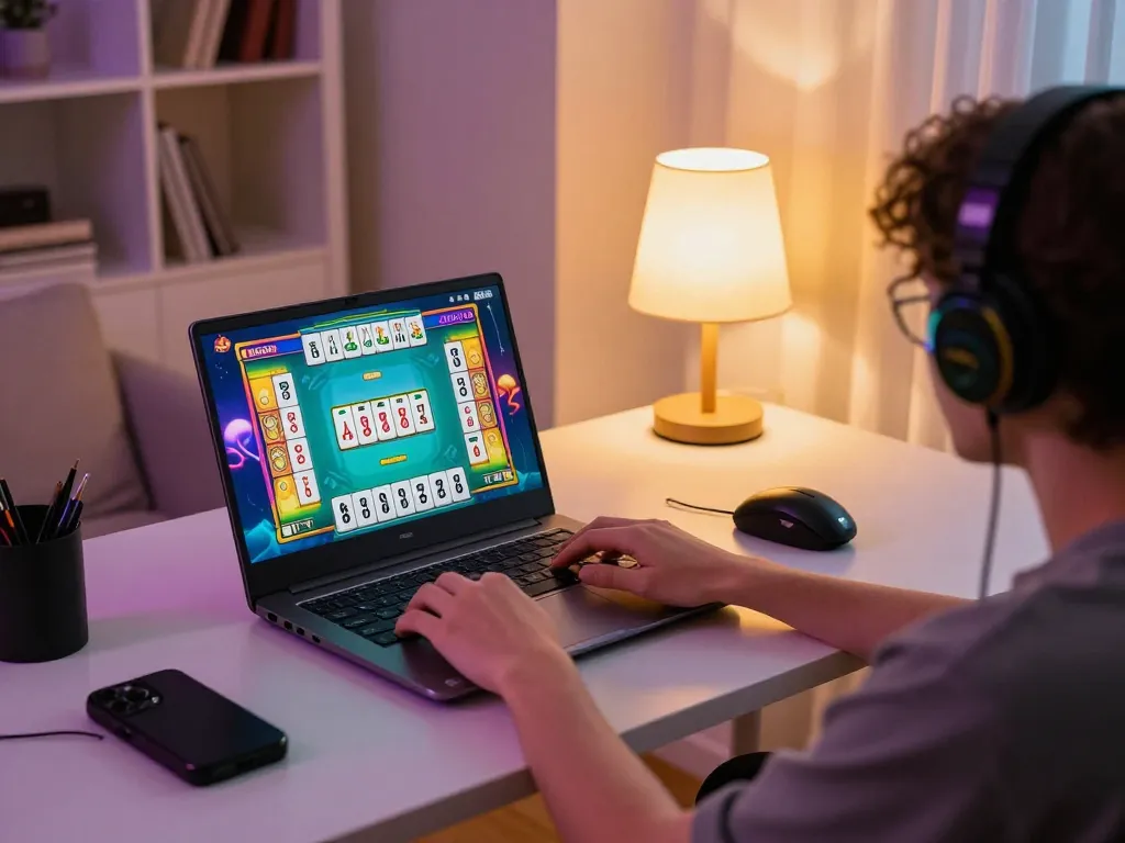 Engaging moment of playing situs gacor Mahjong slots online in a cozy gaming setup.