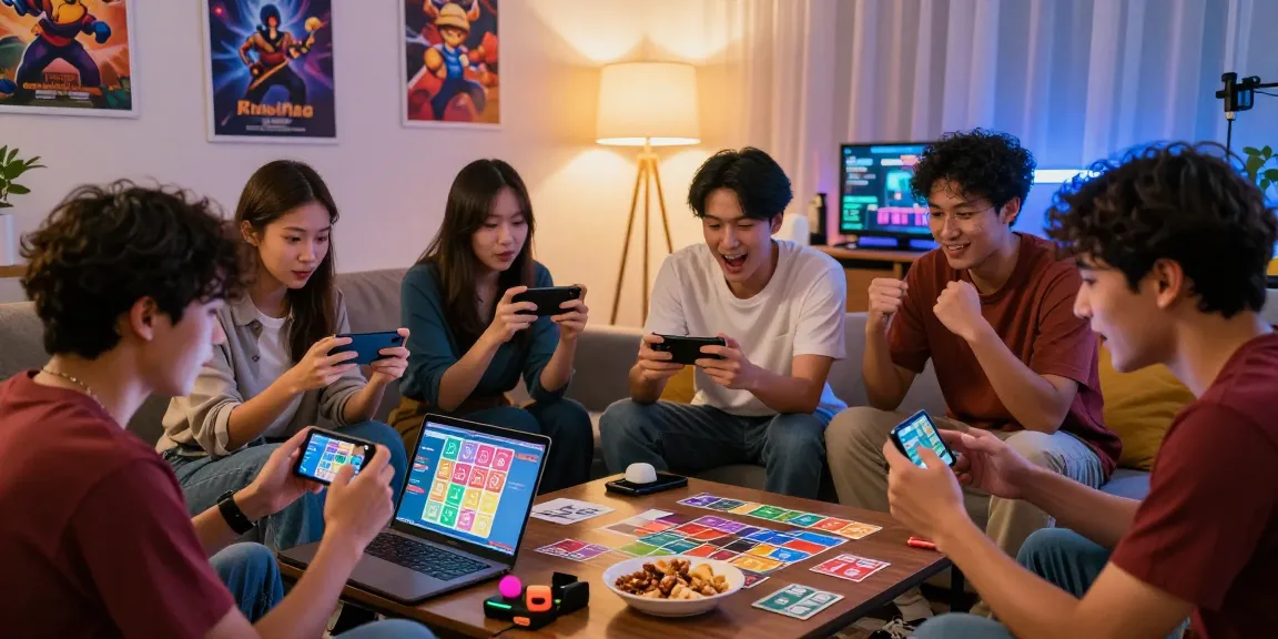 Group of friends playing a Free mobile game together on Android devices in a cozy living room.