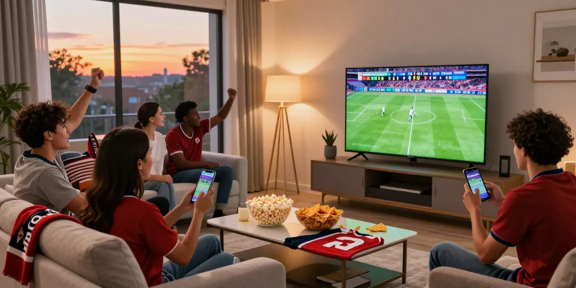 Friends enjoying مباريات اليوم in a vibrant living room while watching a football match.